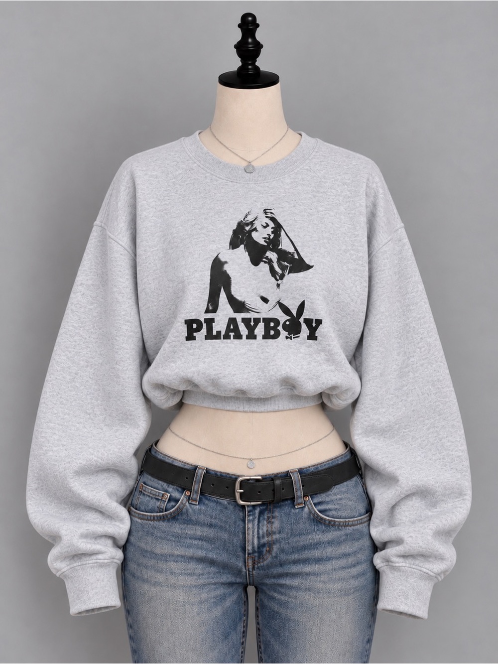PLAYBOY By Pacsun Light Gray Crewneck Sweatshirt with Black Graphic